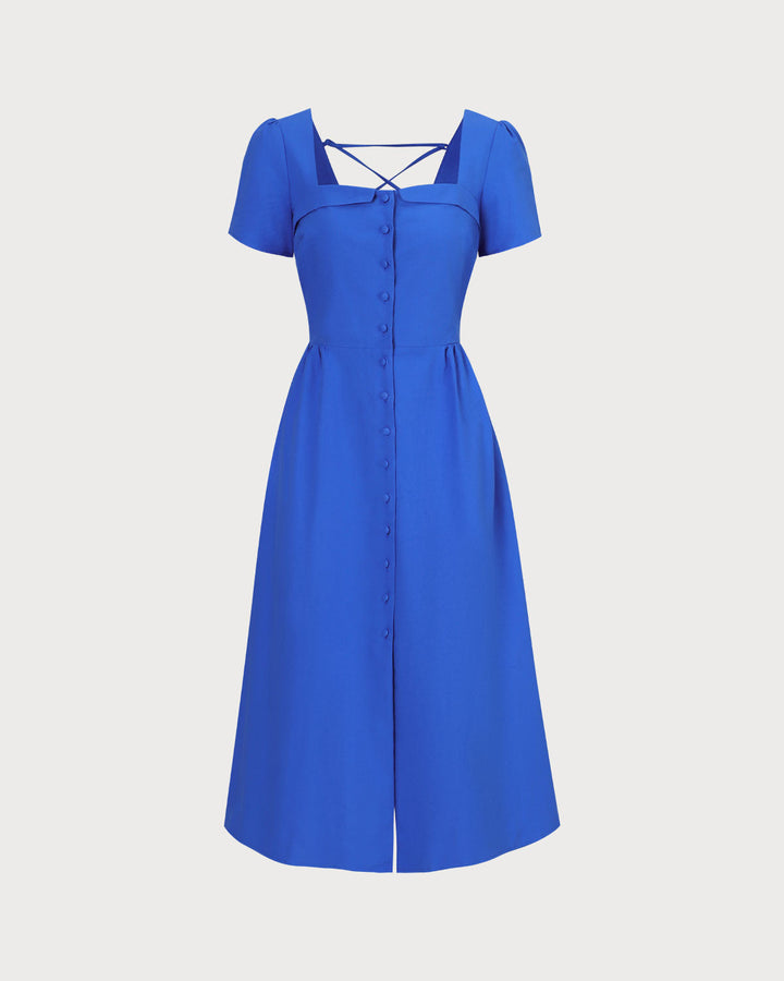 Navy Blue Button Midi Dress