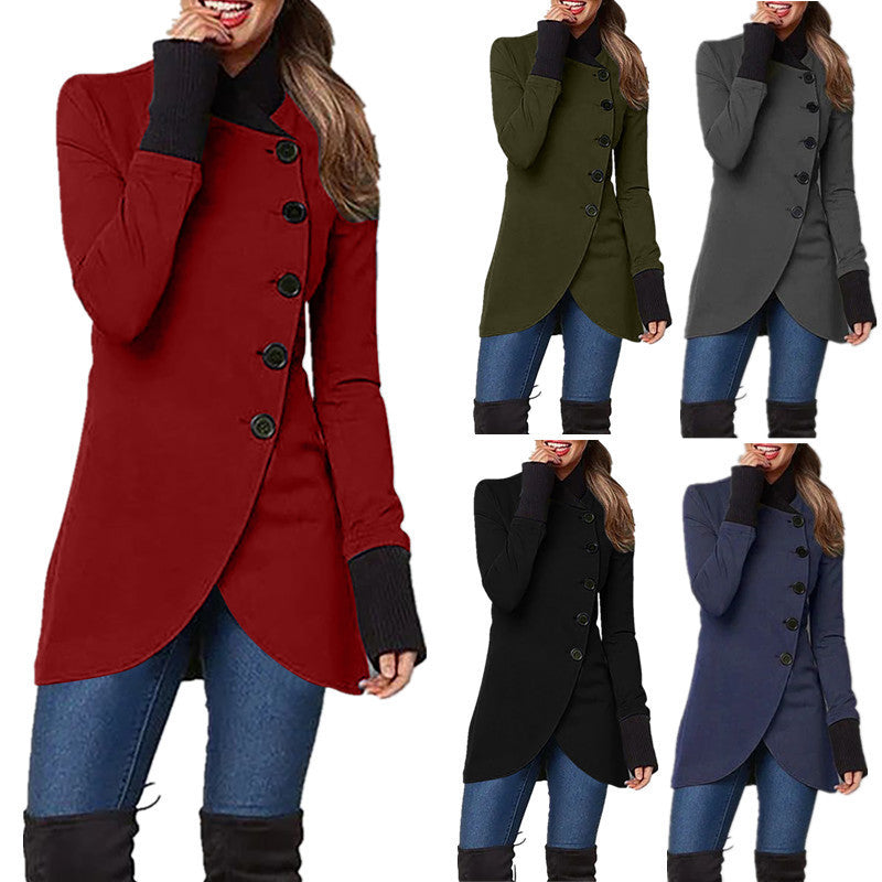 2021 Amazon Wish Europe And The United States Cross-border Autumn And Winter New Solid Color Single Breasted Stitching Hem Split Long Sleeve Coat