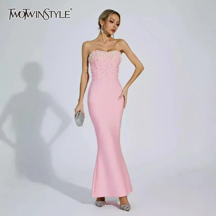 Women's Strapless Pearl Patchwork Tunic Dress