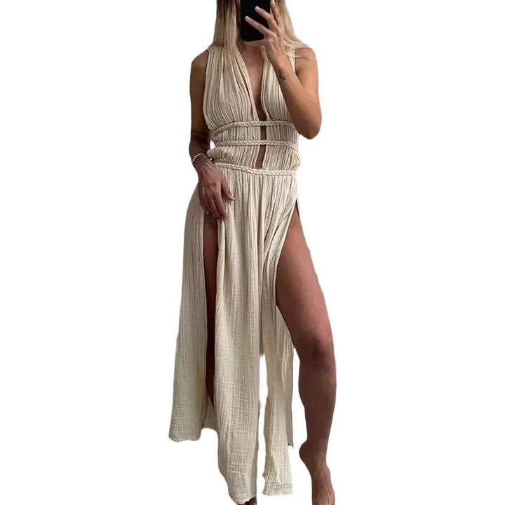 Women's Bohemian Cotton Linen Split Maxi Dress