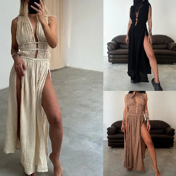 Women's Bohemian Cotton Linen Split Maxi Dress
