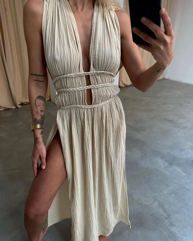 Women's Bohemian Cotton Linen Split Maxi Dress